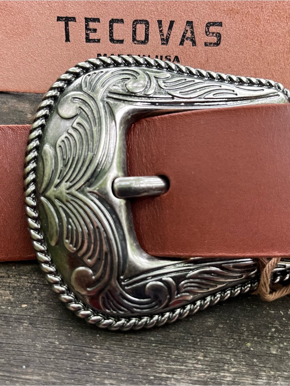 Tecovas Brown Leather Belt with Ornate Silver Western Buckle